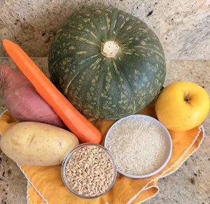 squash carrot golden apple white and brown rice red and white potatoes 